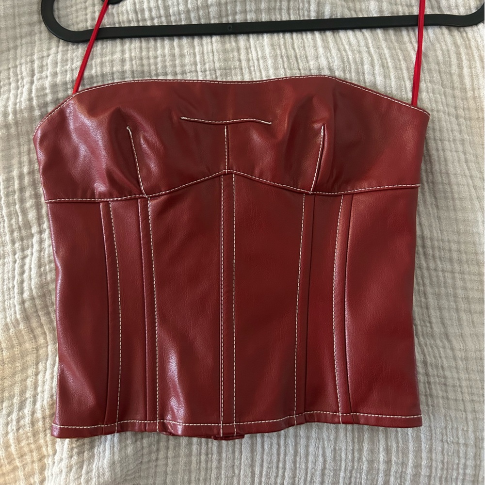 Red Faux Leather Corset Crop Top